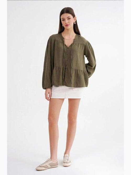 Chemise en seersucker à manches trois-quarts et col ras du cou avec détails de reliure mixray - Kiabi Chemise en seersucker à manches trois-quarts et col ras du cou avec détails de reliure mixray - Kiabi