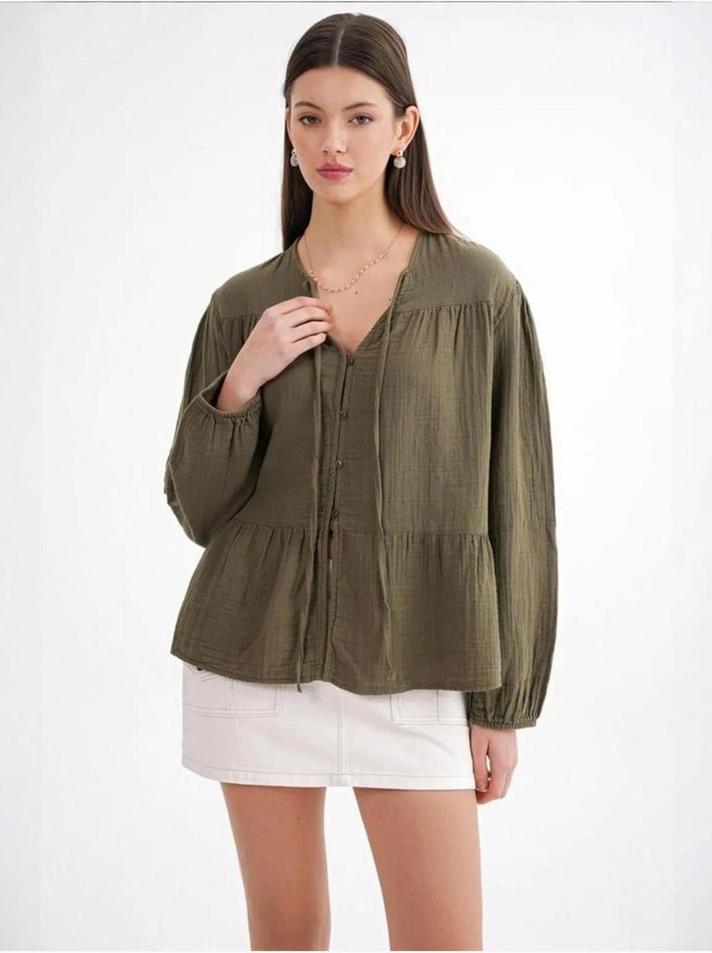 Chemise en seersucker à manches trois-quarts et col ras du cou avec détails de reliure mixray Kaki - Kiabi