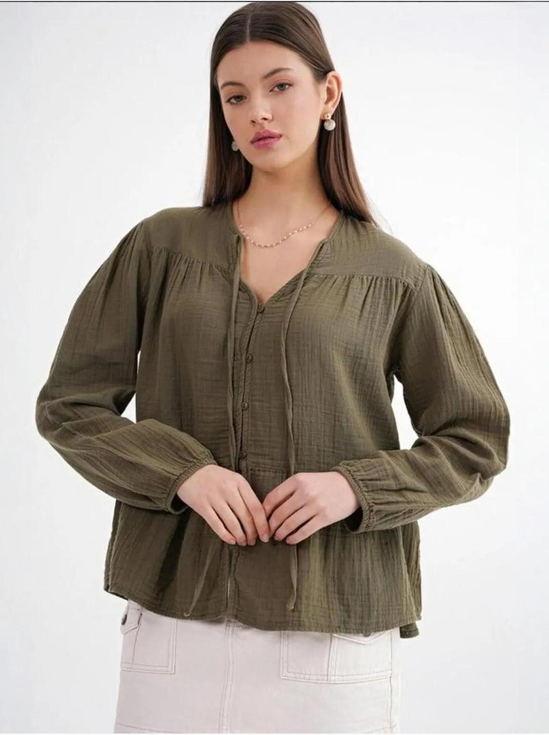 Chemise en seersucker à manches trois-quarts et col ras du cou avec détails de reliure mixray Kaki - Kiabi