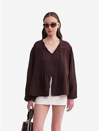 Chemise en seersucker à manches trois-quarts et col ras du cou avec détails de reliure mixray