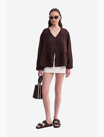 Chemise en seersucker à manches trois-quarts et col ras du cou avec détails de reliure mixray