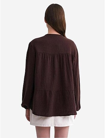 Chemise en seersucker à manches trois-quarts et col ras du cou avec détails de reliure mixray