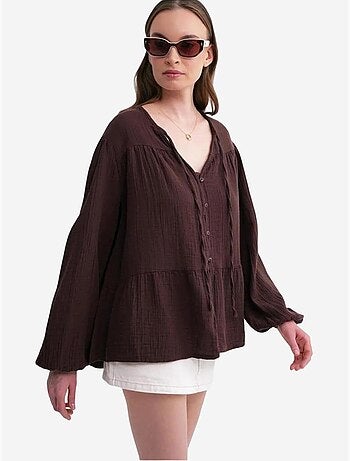 Chemise en seersucker à manches trois-quarts et col ras du cou avec détails de reliure mixray