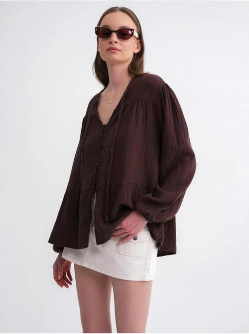 Chemise en seersucker à manches trois-quarts et col ras du cou avec détails de reliure mixray - Kiabi