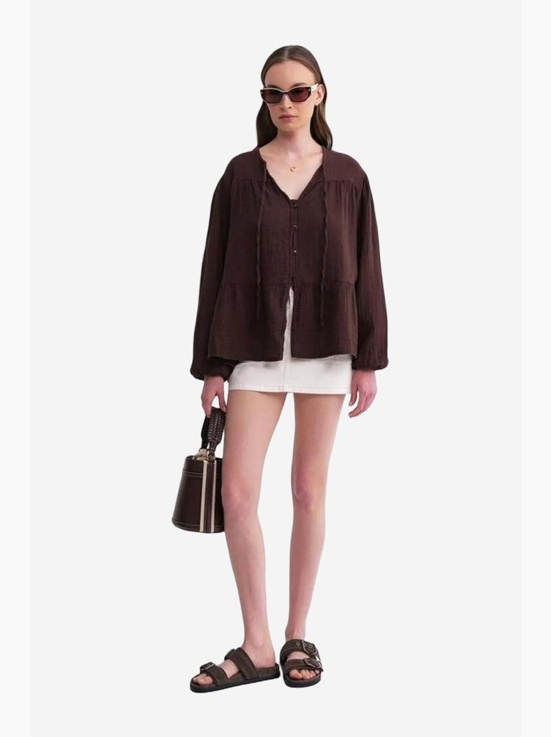 Chemise en seersucker à manches trois-quarts et col ras du cou avec détails de reliure mixray Marron foncé - Kiabi