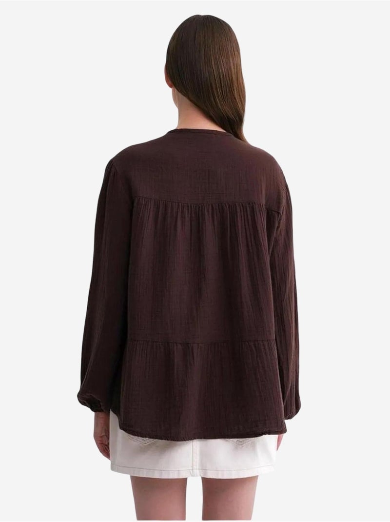 Chemise en seersucker à manches trois-quarts et col ras du cou avec détails de reliure mixray Marron foncé - Kiabi