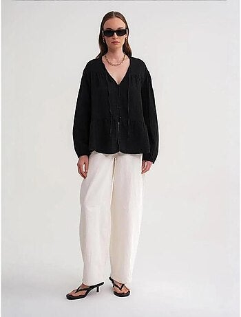 Chemise en seersucker à manches trois-quarts et col ras du cou avec détails de reliure mixray