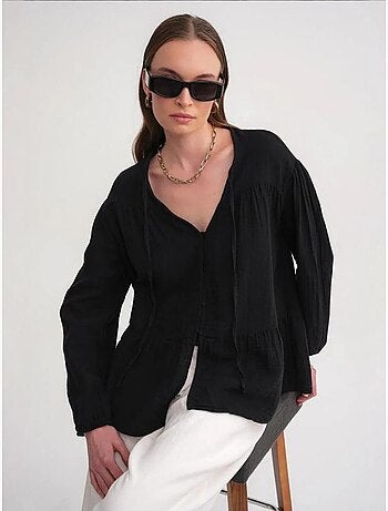 Chemise en seersucker à manches trois-quarts et col ras du cou avec détails de reliure mixray
