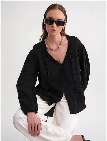 Chemise en seersucker à manches trois-quarts et col ras du cou avec détails de reliure mixray