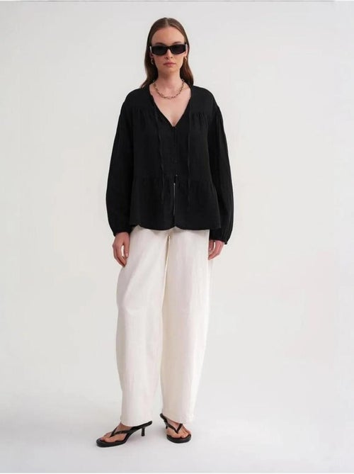 Chemise en seersucker à manches trois-quarts et col ras du cou avec détails de reliure mixray - Kiabi