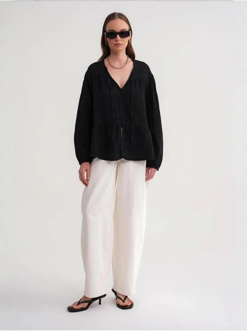 Chemise en seersucker à manches trois-quarts et col ras du cou avec détails de reliure mixray Noir - Kiabi