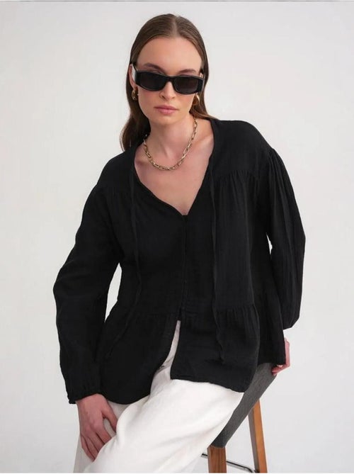 Chemise en seersucker à manches trois-quarts et col ras du cou avec détails de reliure mixray - Kiabi