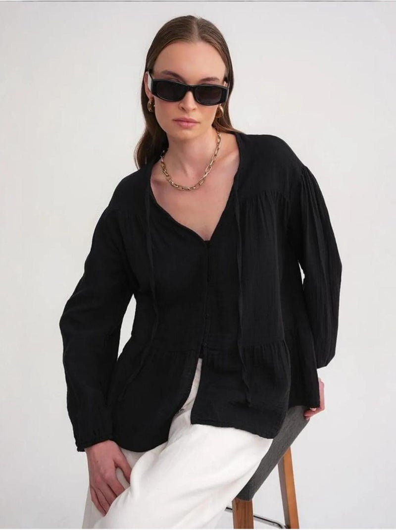 Chemise en seersucker à manches trois-quarts et col ras du cou avec détails de reliure mixray Noir - Kiabi
