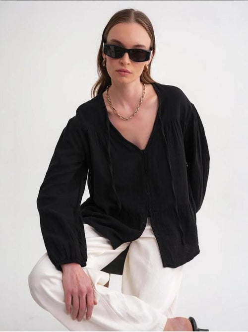 Chemise en seersucker à manches trois-quarts et col ras du cou avec détails de reliure mixray - Kiabi