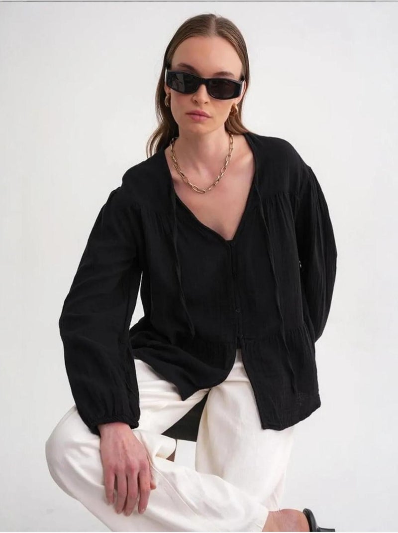 Chemise en seersucker à manches trois-quarts et col ras du cou avec détails de reliure mixray Noir - Kiabi