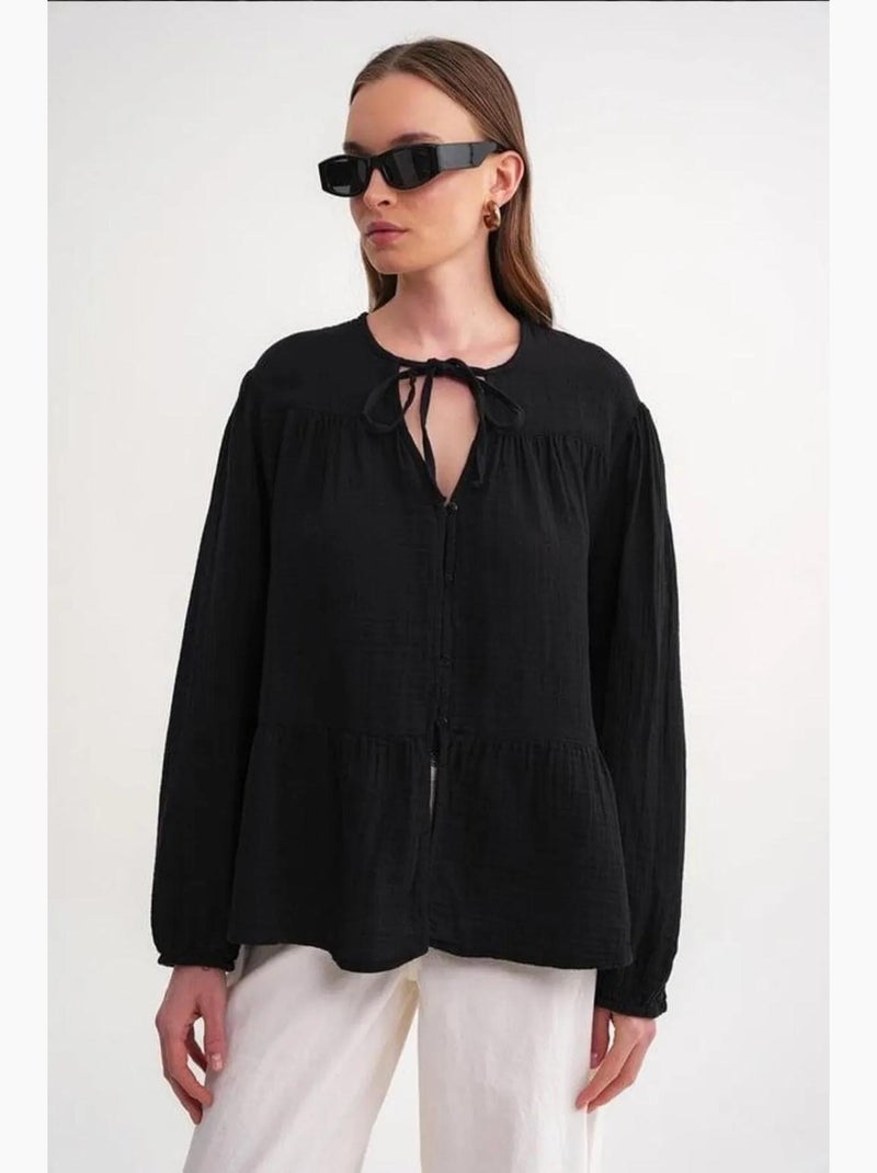 Chemise en seersucker à manches trois-quarts et col ras du cou avec détails de reliure mixray Noir - Kiabi