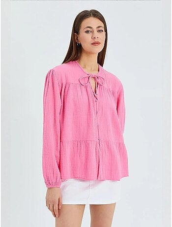 Chemise en seersucker à manches trois-quarts et col ras du cou avec détails de reliure mixray