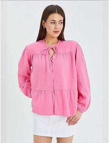 Chemise en seersucker à manches trois-quarts et col ras du cou avec détails de reliure mixray