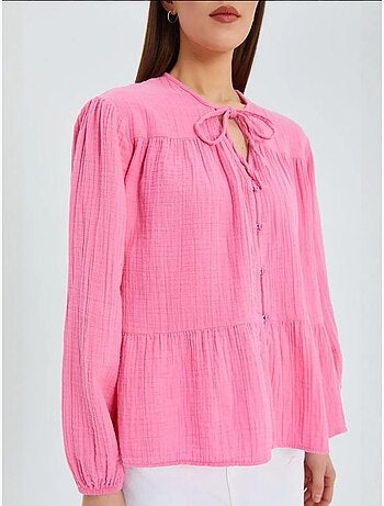 Chemise en seersucker à manches trois-quarts et col ras du cou avec détails de reliure mixray