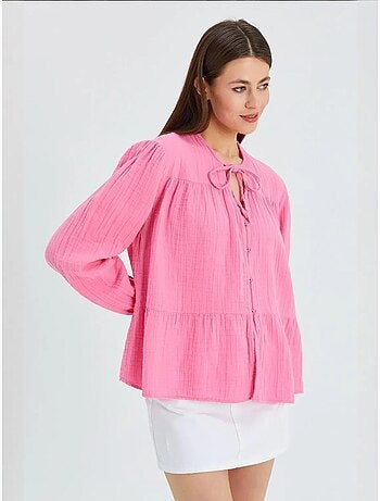 Chemise en seersucker à manches trois-quarts et col ras du cou avec détails de reliure mixray