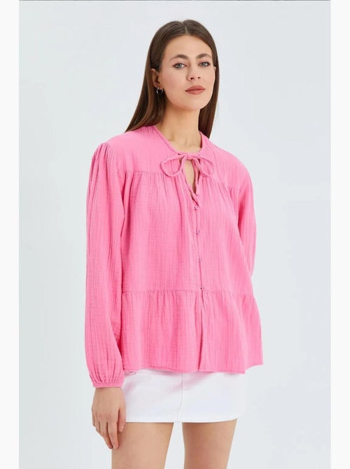 Chemise en seersucker à manches trois-quarts et col ras du cou avec détails de reliure mixray - Kiabi
