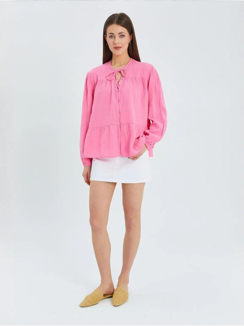 Chemise en seersucker à manches trois-quarts et col ras du cou avec détails de reliure mixray Rose fluo/Solinotes - Kiabi
