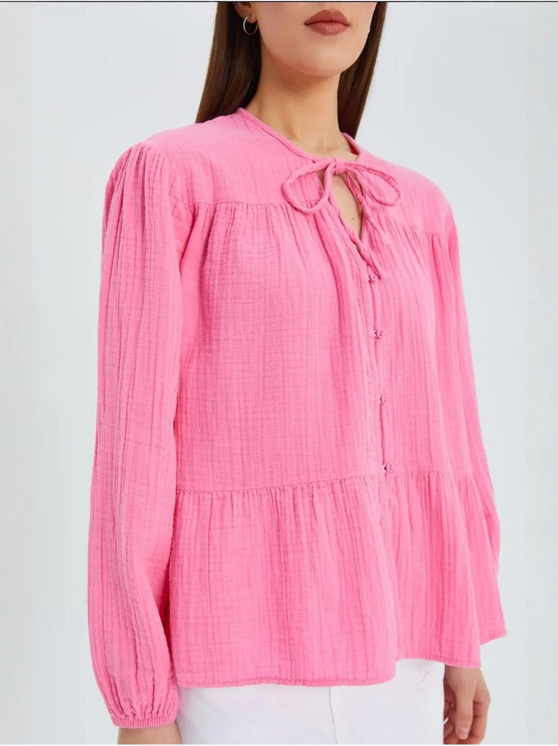 Chemise en seersucker à manches trois-quarts et col ras du cou avec détails de reliure mixray Rose fluo/Solinotes - Kiabi