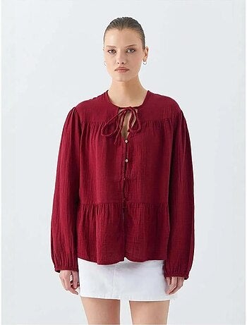 Chemise en seersucker à manches trois-quarts et col ras du cou avec détails de reliure mixray