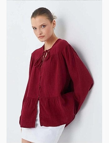 Chemise en seersucker à manches trois-quarts et col ras du cou avec détails de reliure mixray