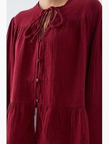Chemise en seersucker à manches trois-quarts et col ras du cou avec détails de reliure mixray