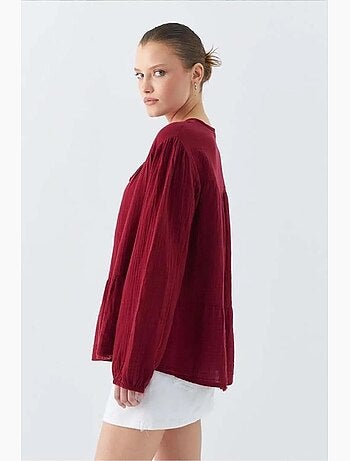 Chemise en seersucker à manches trois-quarts et col ras du cou avec détails de reliure mixray