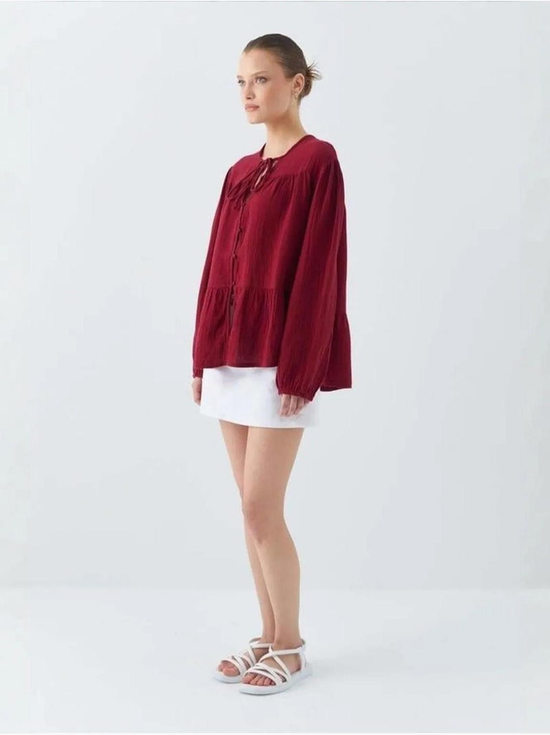Chemise en seersucker à manches trois-quarts et col ras du cou avec détails de reliure mixray Rouge bordeaux - Kiabi