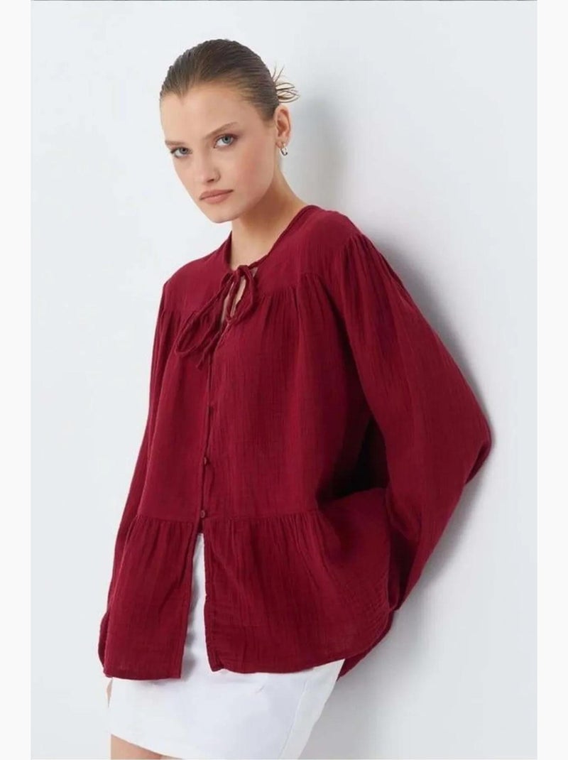 Chemise en seersucker à manches trois-quarts et col ras du cou avec détails de reliure mixray Rouge bordeaux - Kiabi