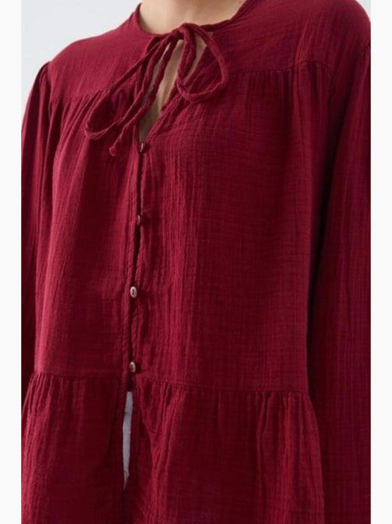 Chemise en seersucker à manches trois-quarts et col ras du cou avec détails de reliure mixray Rouge bordeaux - Kiabi