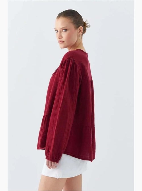 Chemise en seersucker à manches trois-quarts et col ras du cou avec détails de reliure mixray - Kiabi Chemise en seersucker à manches trois-quarts et col ras du cou avec détails de reliure mixray - Kiabi