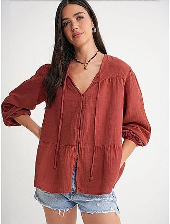 Chemise en seersucker à manches trois-quarts et col ras du cou avec détails de reliure mixray