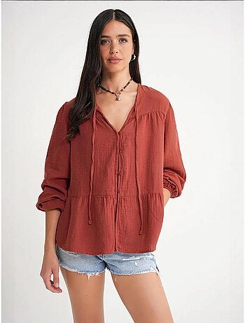 Chemise en seersucker à manches trois-quarts et col ras du cou avec détails de reliure mixray