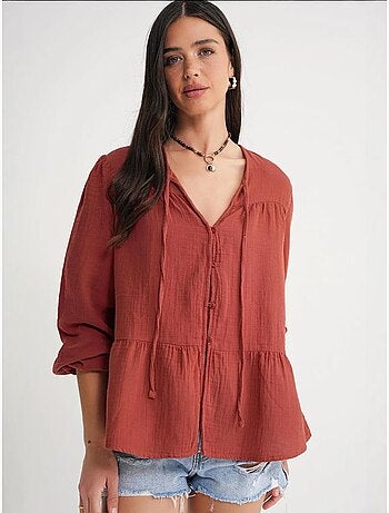 Chemise en seersucker à manches trois-quarts et col ras du cou avec détails de reliure mixray
