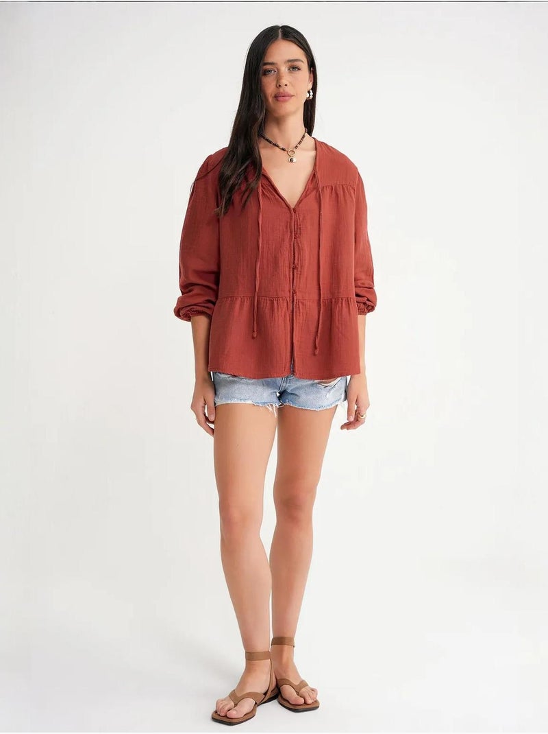 Chemise en seersucker à manches trois-quarts et col ras du cou avec détails de reliure mixray Rouge foncé - Kiabi