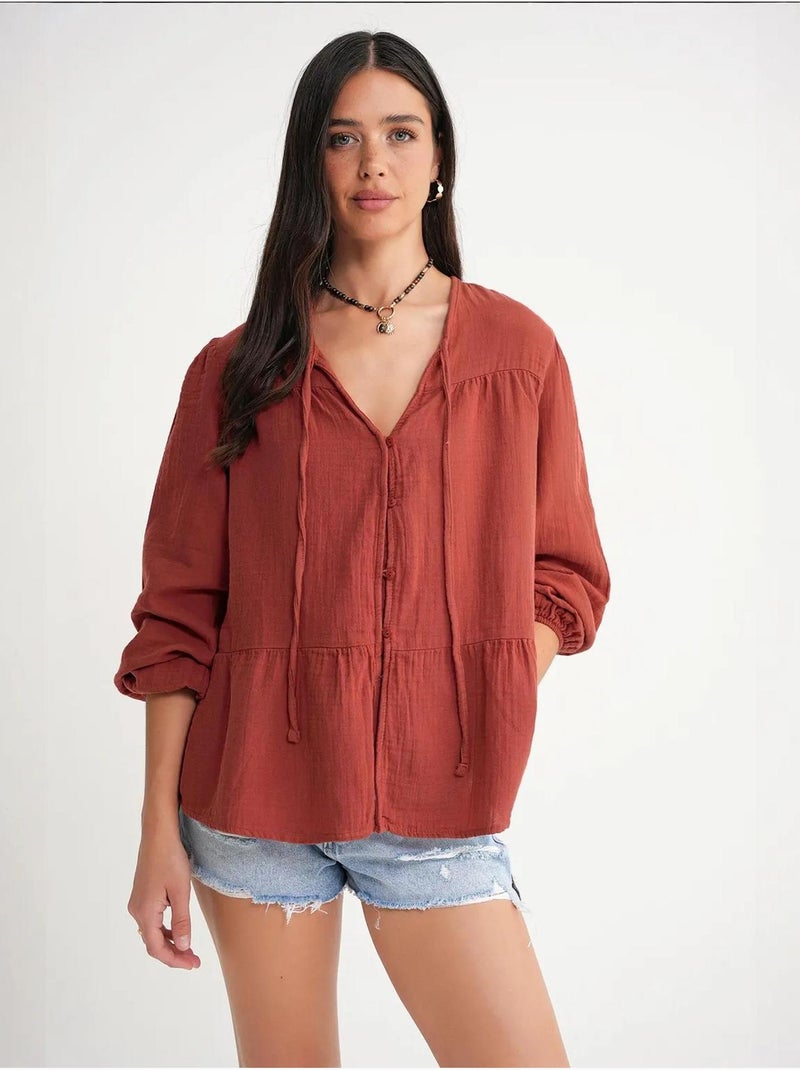 Chemise en seersucker à manches trois-quarts et col ras du cou avec détails de reliure mixray Rouge foncé - Kiabi