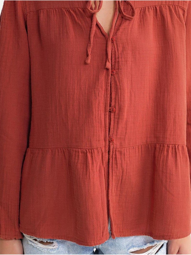Chemise en seersucker à manches trois-quarts et col ras du cou avec détails de reliure mixray Rouge foncé - Kiabi