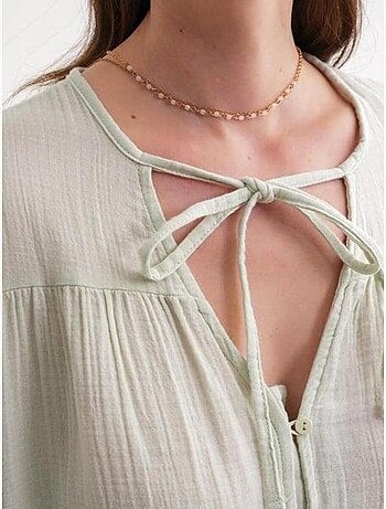 Chemise en seersucker à manches trois-quarts et col ras du cou avec détails de reliure mixray