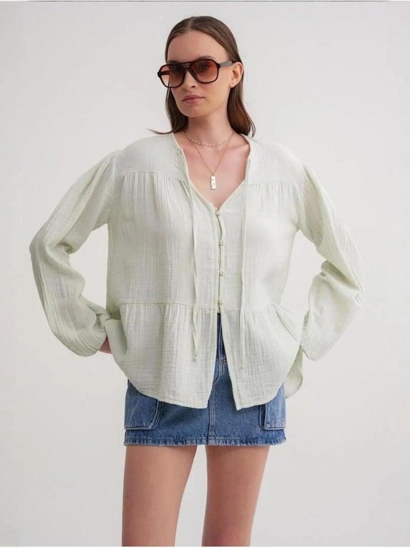 Chemise en seersucker à manches trois-quarts et col ras du cou avec détails de reliure mixray Vert menthe - Kiabi