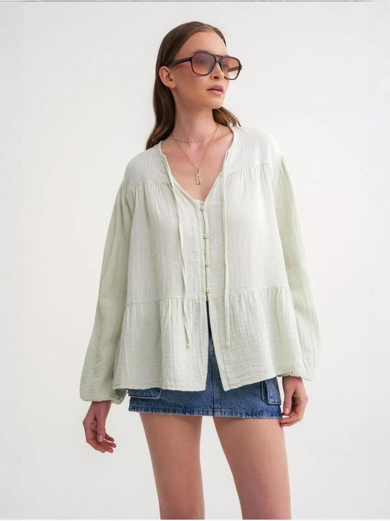Chemise en seersucker à manches trois-quarts et col ras du cou avec détails de reliure mixray Vert menthe - Kiabi