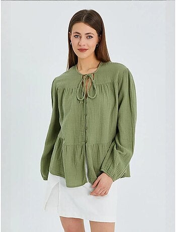 Chemise en seersucker à manches trois-quarts et col ras du cou avec détails de reliure mixray
