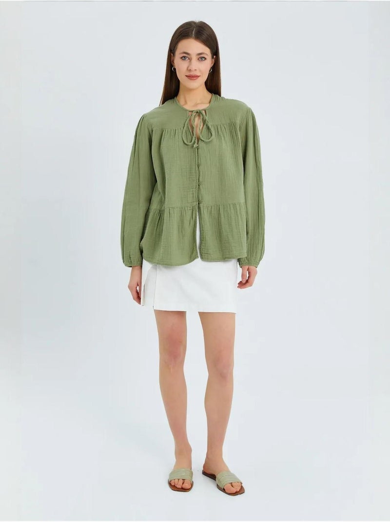 Chemise en seersucker à manches trois-quarts et col ras du cou avec détails de reliure mixray Vert pastel - Kiabi