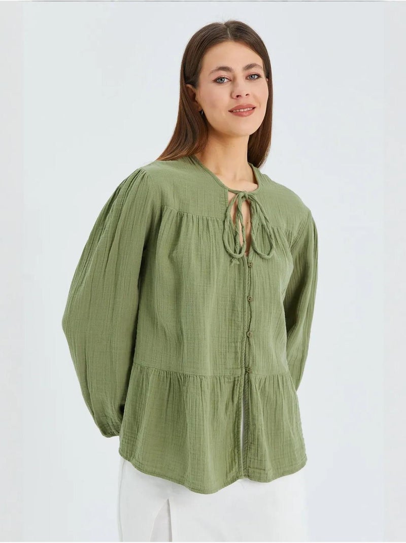 Chemise en seersucker à manches trois-quarts et col ras du cou avec détails de reliure mixray Vert pastel - Kiabi