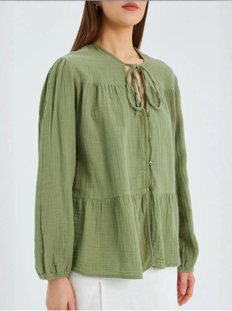 Chemise en seersucker à manches trois-quarts et col ras du cou avec détails de reliure mixray Vert pastel - Kiabi
