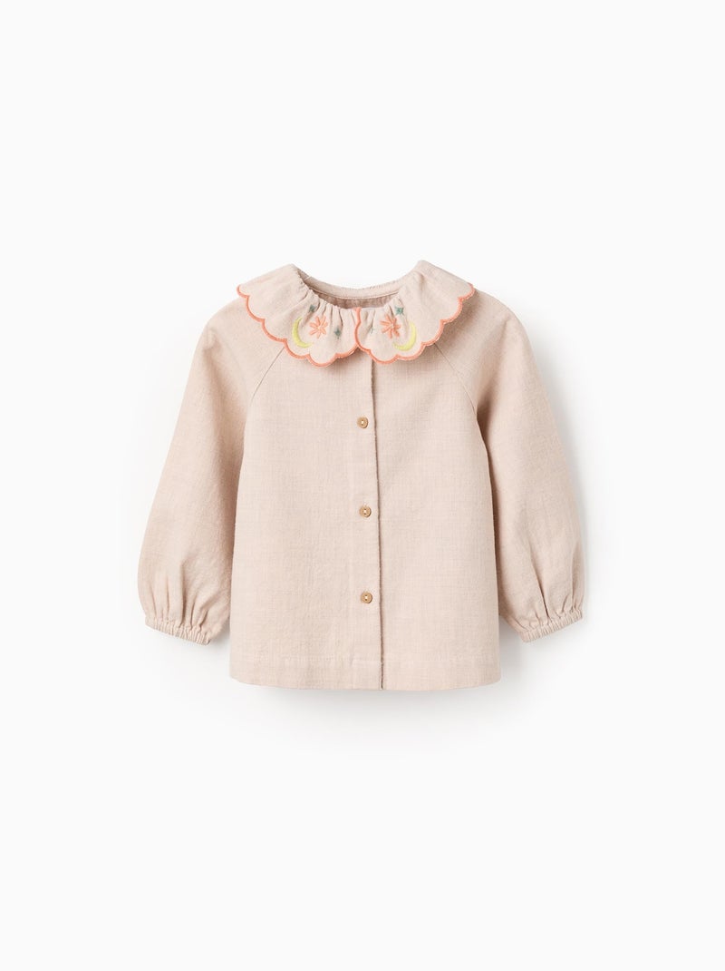 Chemise en Sergé Brodée de Fleurs Beige clair - Kiabi
