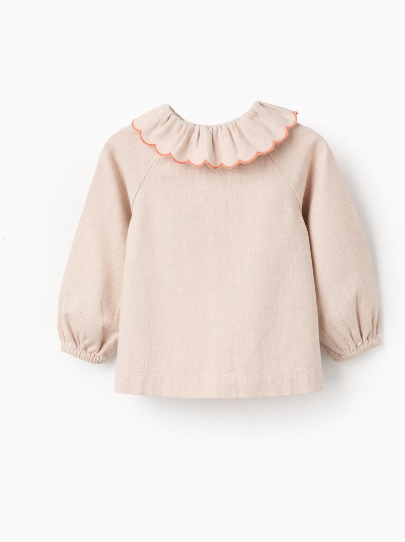 Chemise en Sergé Brodée de Fleurs Beige clair - Kiabi